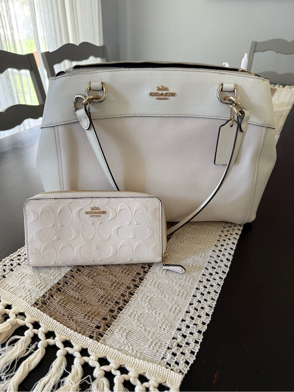 Coach Cream Leather Satchel with Matching Wallet Set